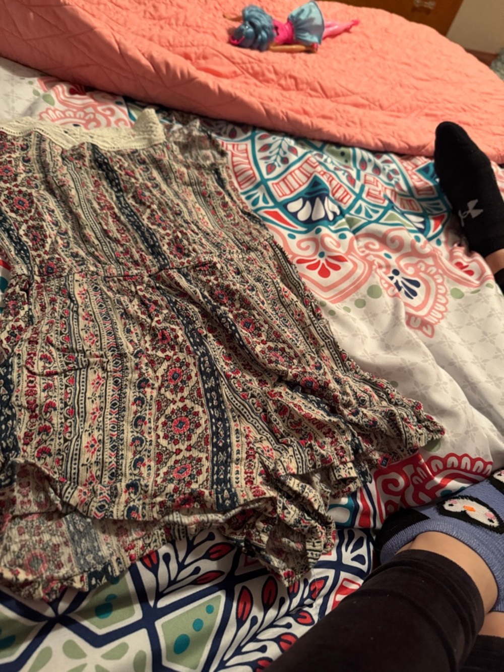 Bohemian Floral Print Ruffle Hem Skirt - Cream & Navy